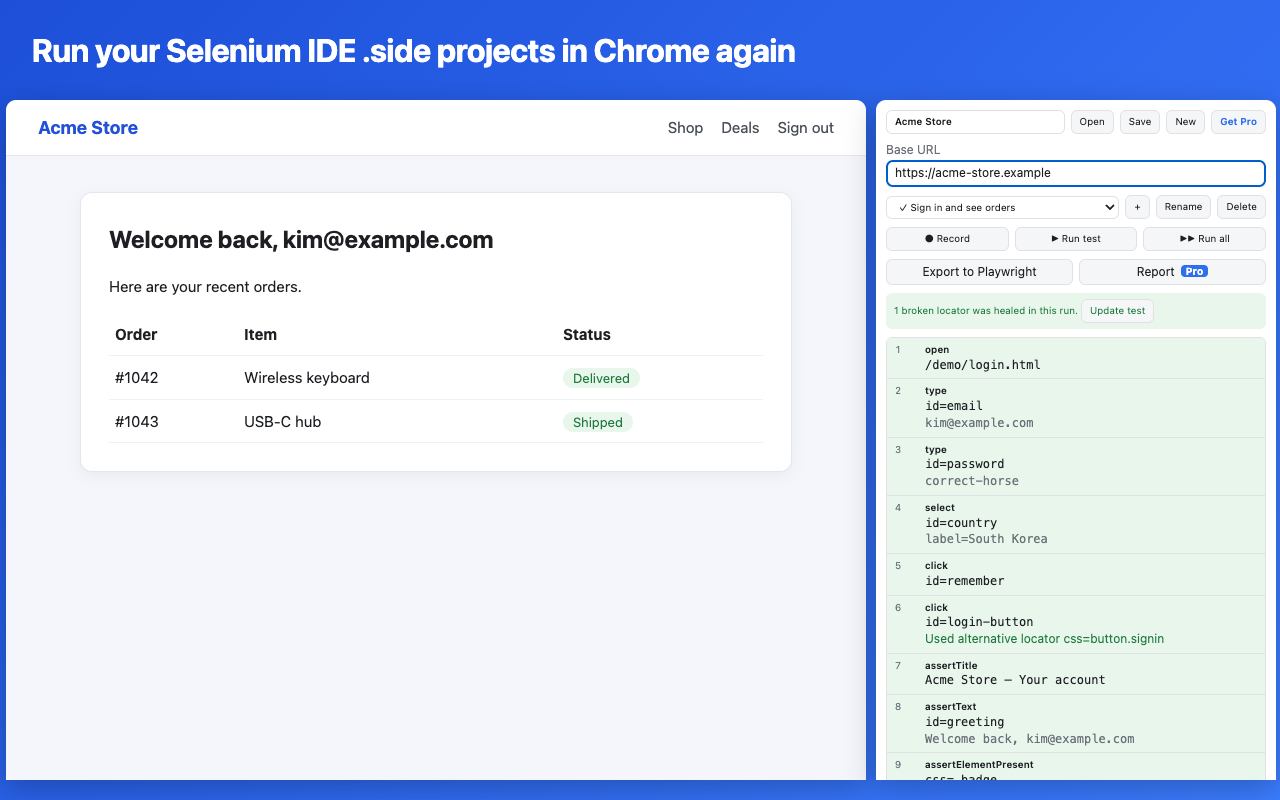 SideReplay running a Selenium IDE project in the Chrome side panel