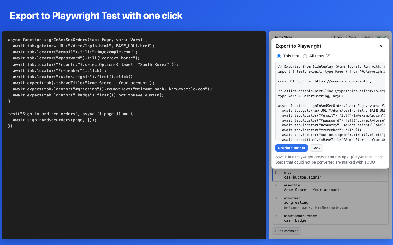 Export dialog showing generated Playwright code